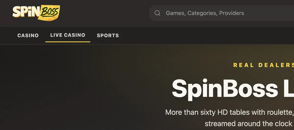 SpinBoss – live casino page (English interface), spinboss.live, 2026-09-07